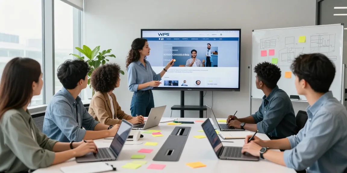 Team brainstorming session at a modern office featuring the WPS Official Website interface.