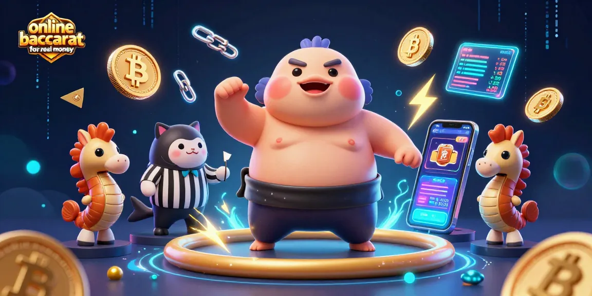 Engage in online baccarat for real money with vibrant 3D characters, crypto elements, and thrilling casino atmosphere.