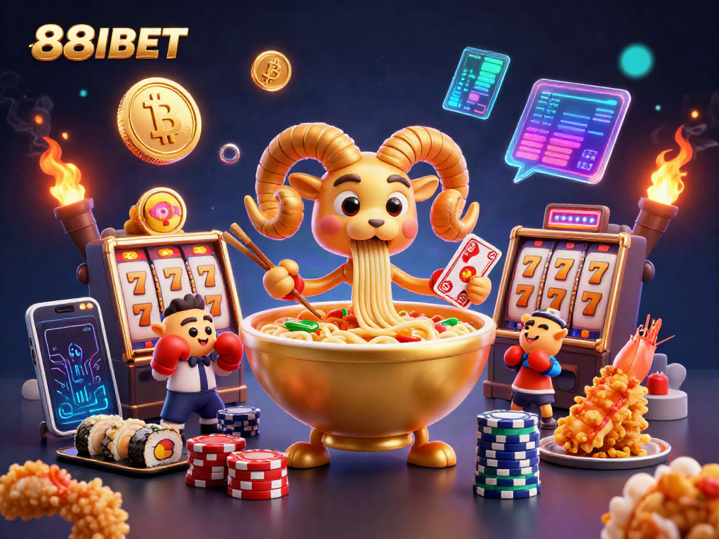 Bet big with 88IBET's casino games featuring a vibrant 3D illustration of lively characters and slot elements.