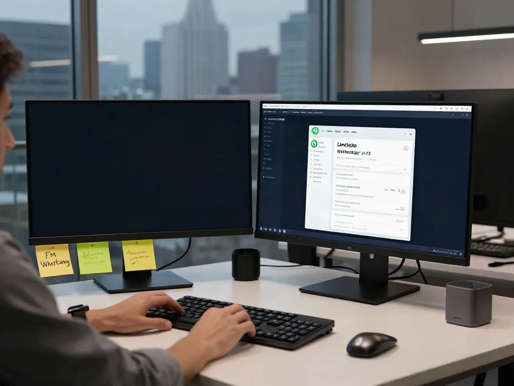 Engaging with FM WhatsApp APK download on dual monitors in a modern workspace.