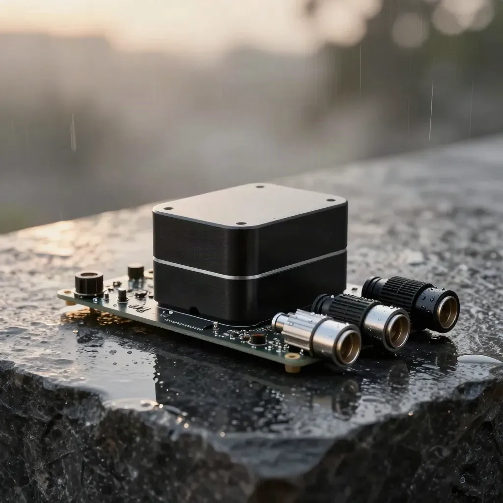 Rain-beaded MVP prototype kit on wet stone, black enclosure, dev board and cable adapters at dusk.