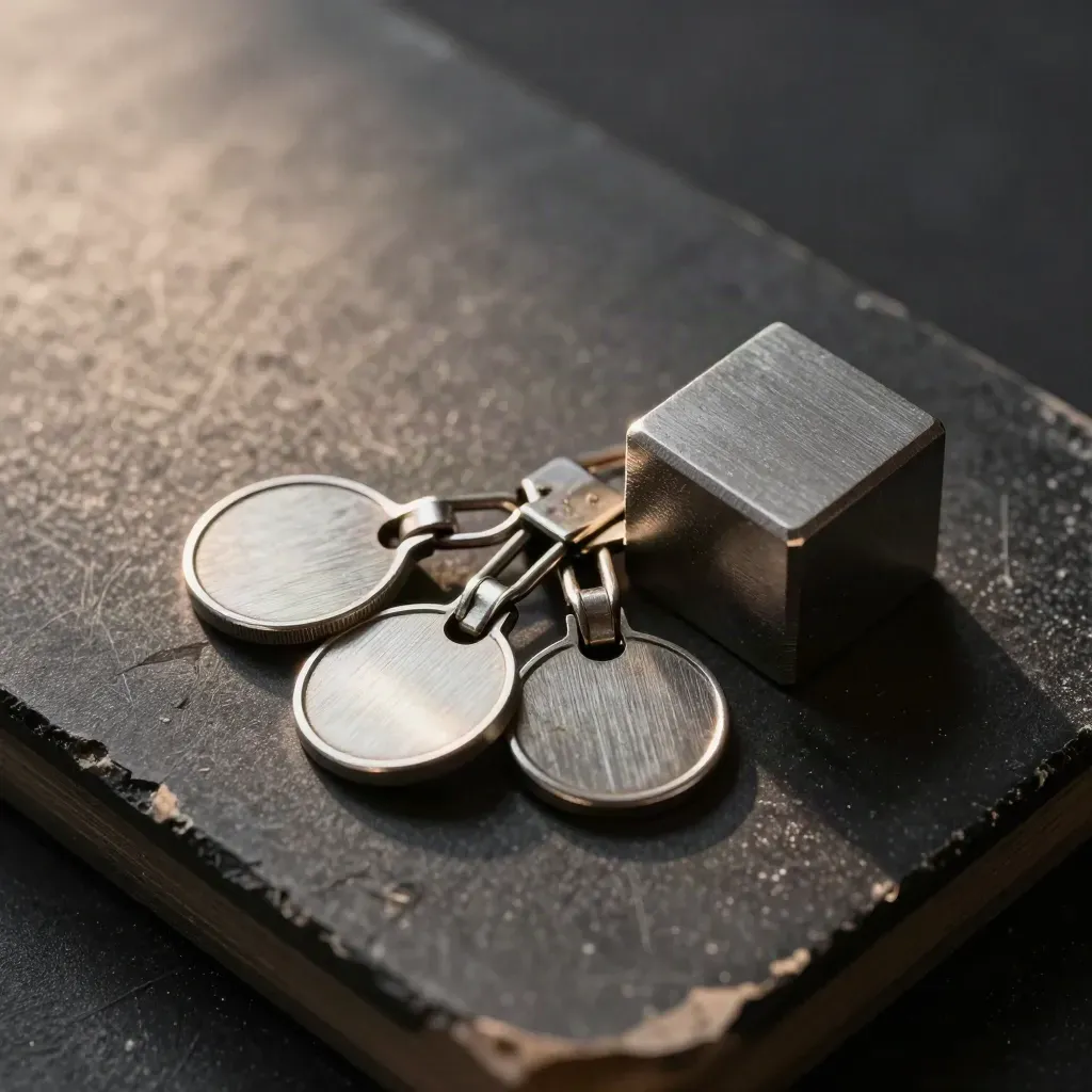 Brushed steel task tokens, binder clasp, and planning block on dark plaster