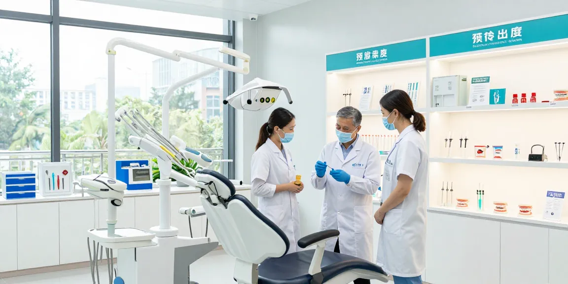 Dentist showcasing dental medical supplies in a professional showroom setting with bright lighting.