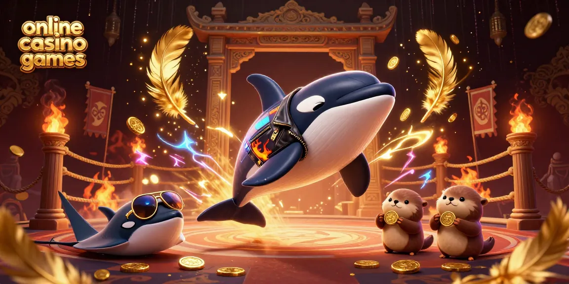 Engage in online casino games with a vibrant scene featuring a jumping orca, a cool stingray, and sea otters.