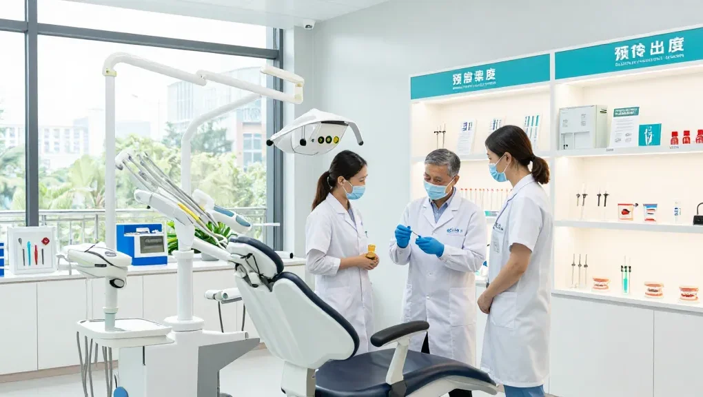 Dentist showcasing dental medical supplies in a professional showroom setting with bright lighting.