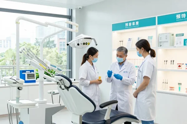 Dentist showcasing dental medical supplies in a professional showroom setting with bright lighting.
